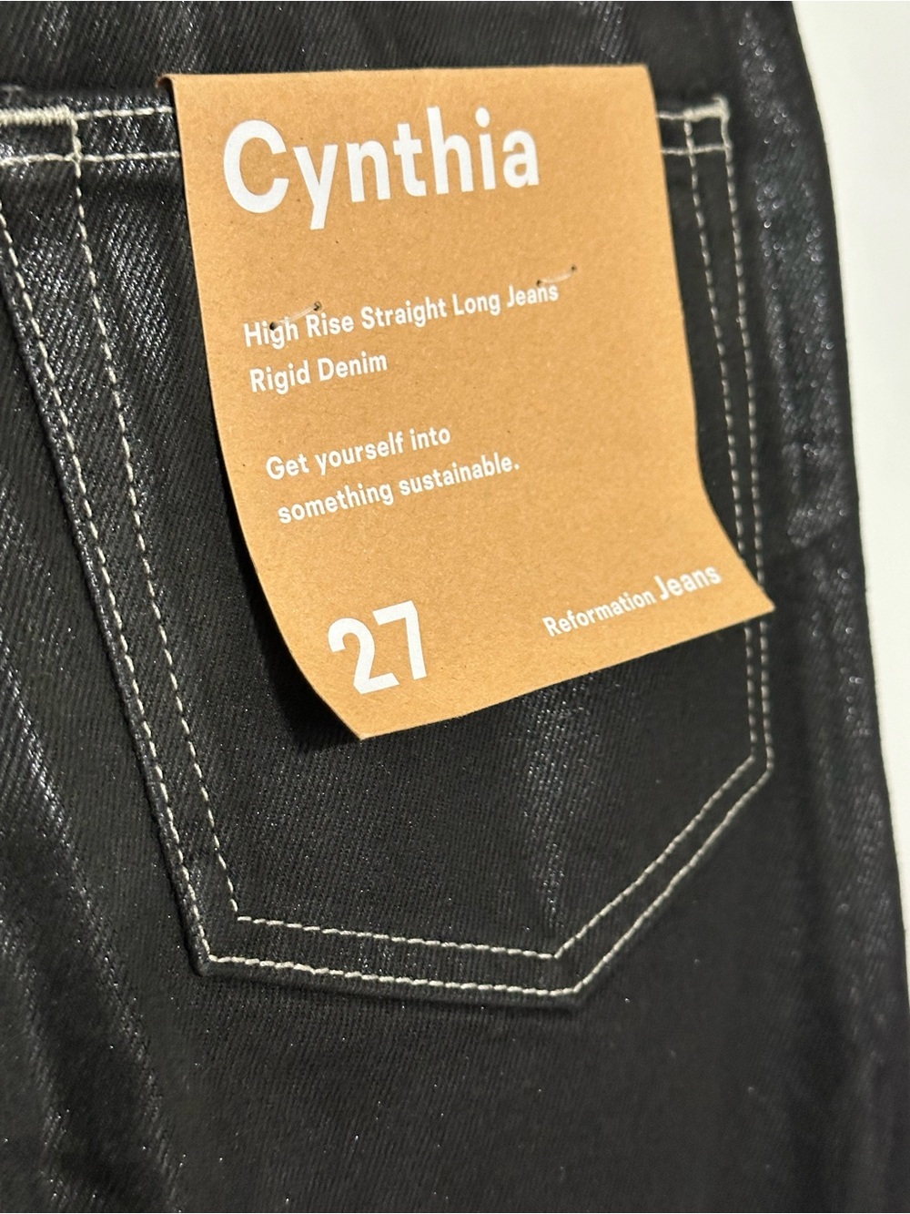 New Reformation Cynthia High‎ Rise Straight Long Jeans in Glossy Black Size 27 - Picture 6 of 8